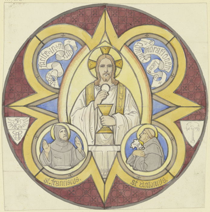 Christus mit Stola, Kelch und Hostie, daneben die Heiligen Franziskus und Antonius od Edward von Steinle