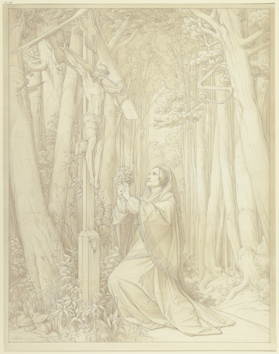 Josephine Brentano im Wald ein Kruzifix verehrend od Edward von Steinle
