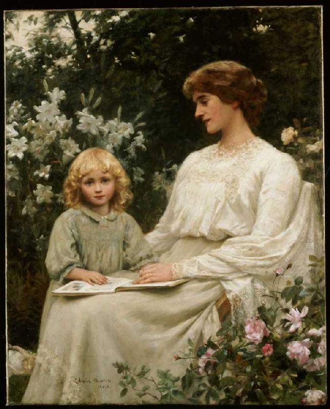 Mutter und Tochter beim Lesen eines Buches. od Edwin Harris