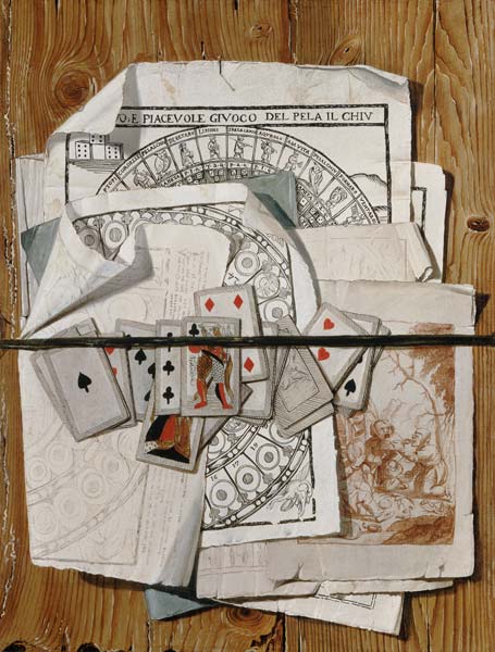 Trompe l ' oeil with different prints and playing cards od Egidio Maria Bondoni