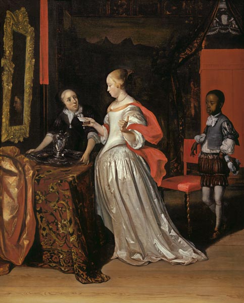 A Lady Holding A Letter Attended By A Negro Page As A Maid Places A Silver Ewer And Basin On A Table od Eglon Hendrick van der Neer