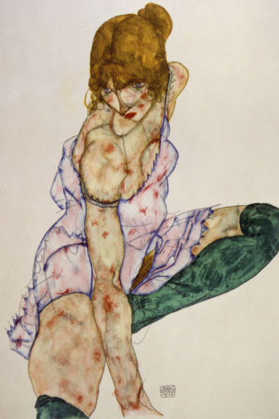 Blonďatá dívka se zelenými punčochami  od Egon Schiele