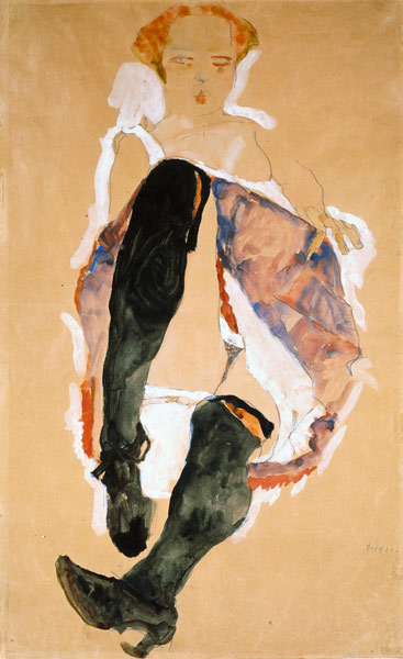 Sedentary girl with black stockings od Egon Schiele