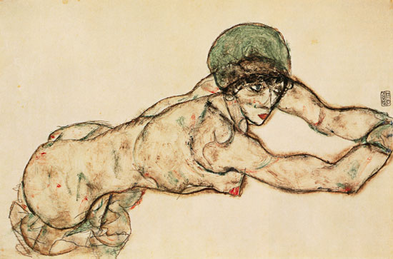 Woman act with a green bonnet lying to the right od Egon Schiele