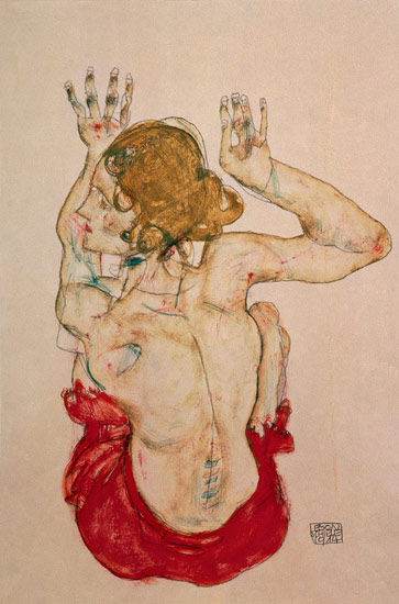 Back act of a girl sitting on a red cloth od Egon Schiele