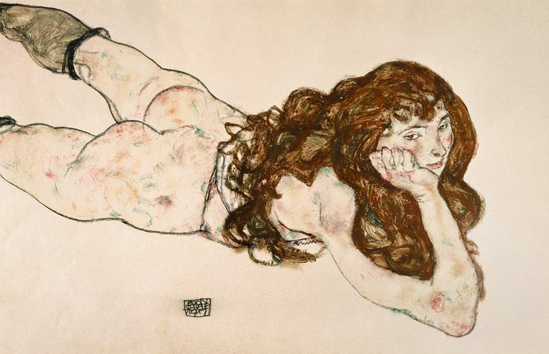 Female act lying at the belly od Egon Schiele