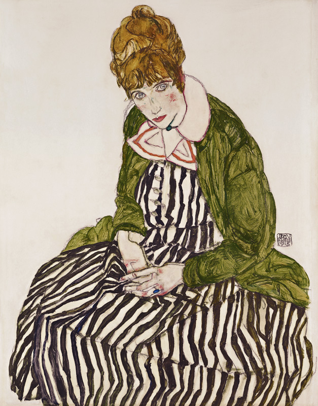 Edith Schiele in Striped Dress, Seated od Egon Schiele
