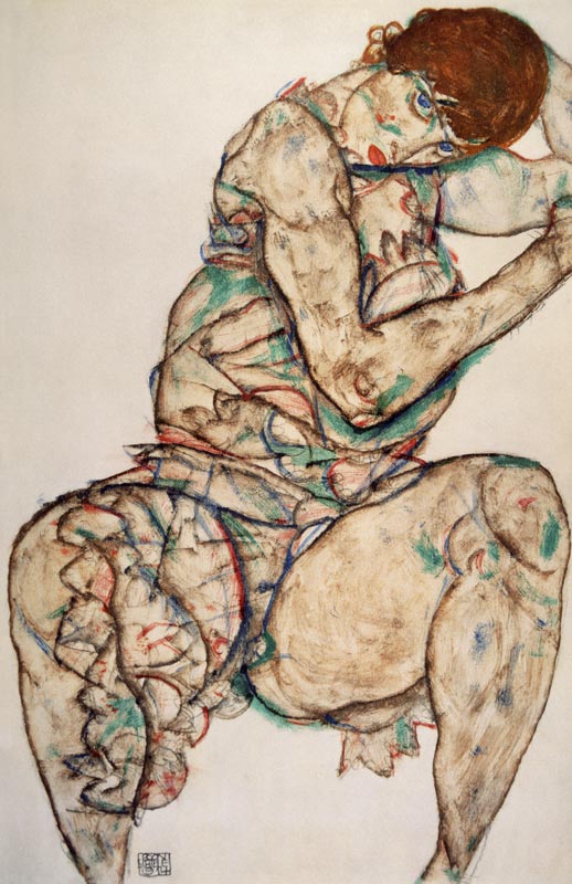 Sedentary woman with a left hand in the hair od Egon Schiele