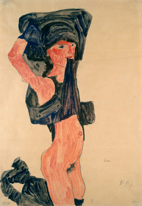 Kniendes girl, himself pulling the skirt over the head od Egon Schiele