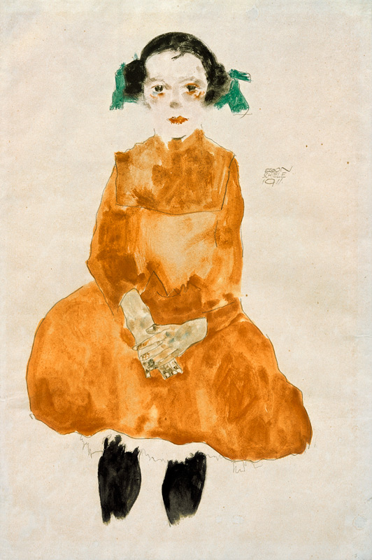 Little girl in a yellow dress with black stockings od Egon Schiele