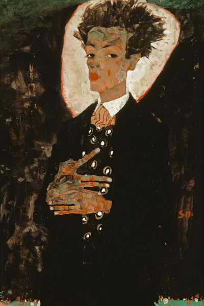 Self-portrait with peacock waistcoat, stationary. od Egon Schiele