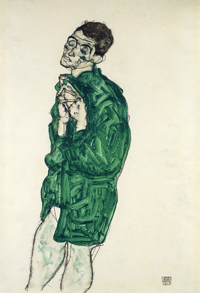 Self-portrait in green shirt with eyes closed od Egon Schiele