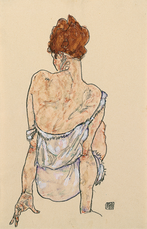 Sitzende in Unterwäsche, Rückenansicht. 1917 od Egon Schiele