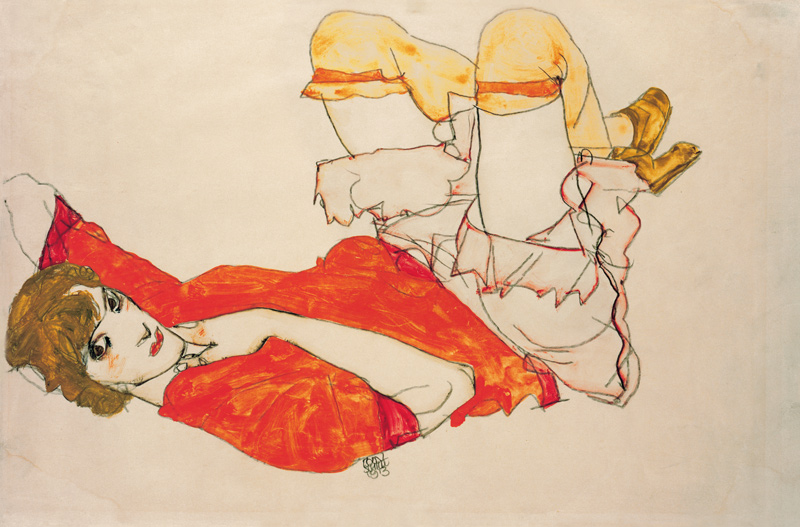 Wally in a red blouse WITH  knees lifted up od Egon Schiele