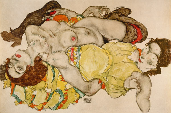 Two girls, lying in position crossed over od Egon Schiele