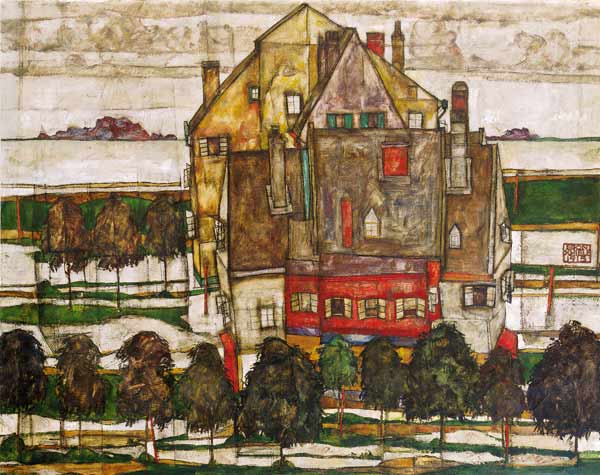 Einzelne Häuser (Häuser mit Bergen) od Egon Schiele