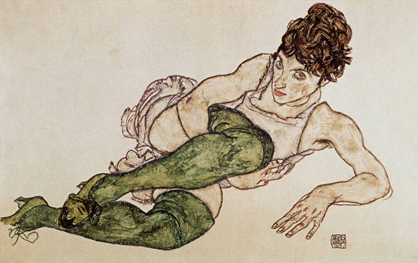 Reclining woman, green tights od Egon Schiele