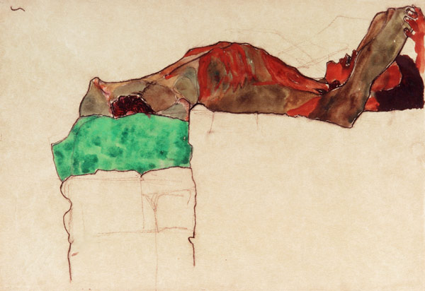 Lying masculine act with a green cloth od Egon Schiele