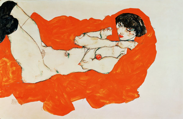 Lying act on orange coloured reason od Egon Schiele