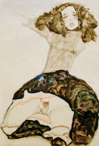 Schwarzhaariges Mädchen mit hochgeschlagenem Rock od Egon Schiele