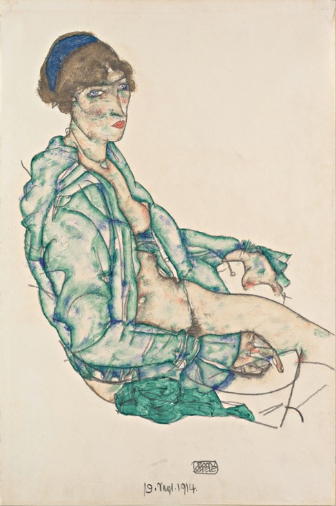 Sitting Semi-Nude with Blue Hairband od Egon Schiele