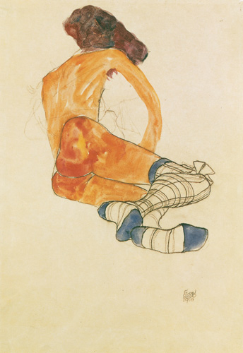 Sedentary female act with a blue stocking ribbon, seen by the back od Egon Schiele