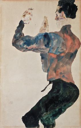 Self-portrait with raised arms, back view