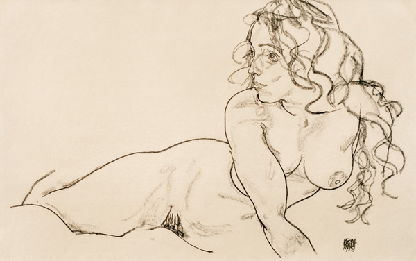 Female act with long hair resting himself od Egon Schiele
