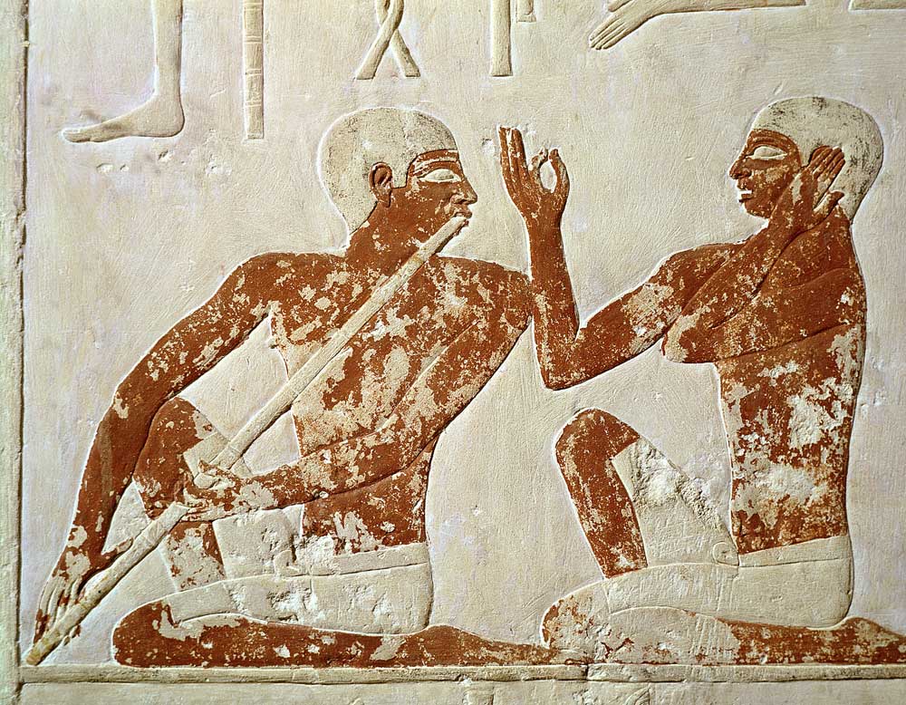 Painted relief depicting a flute player and a singer at a funerary banquet, from the Tomb of Nenkhef od Egyptian