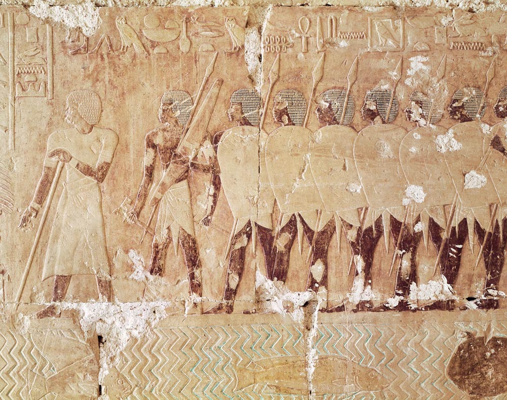 Relief depicting soldiers sent by Queen Hatshepsut on an expedition to the Land of Punt to bring bac od Egyptian