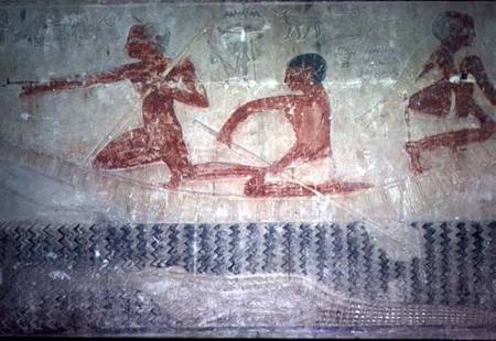 Fishermen and a crocodile from the North wall of the Mastaba Chapel of Ti, Old Kingdom od Egyptian