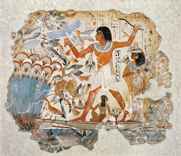 Nebamun hunting in the marshes with his wife an daughter, part of a wall painting from the tomb-chap od Egyptian
