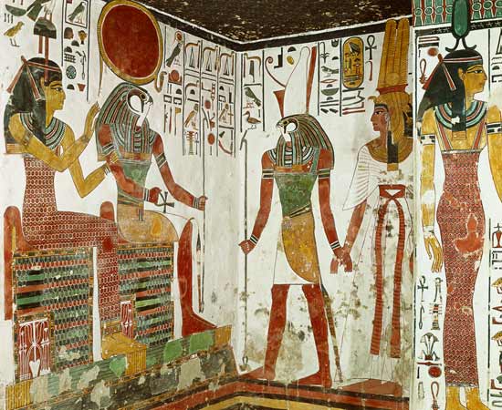 Nefertari is brought before the god Re-Horakhty by Horus, from the Tomb of Nefertari, New Kingdom od Egyptian