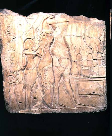 Relief fragment depicting Akhenaten followed by Nefertiti and Meritaten before an offering table, Ne od Egyptian