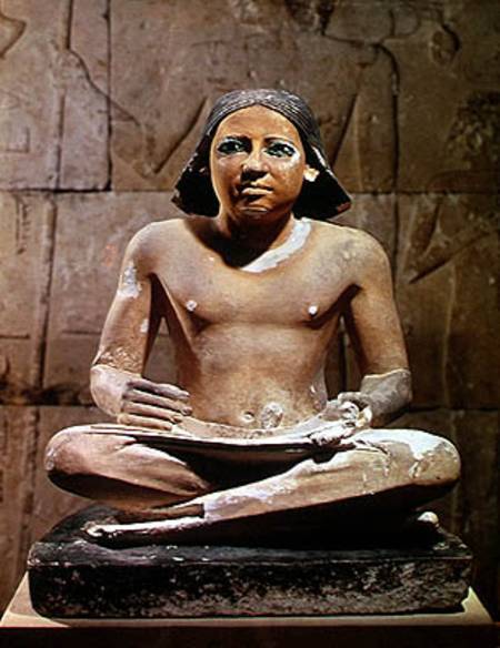 Scribe seated cross-legged holding a papyrus scroll, from Saqqara, Old Kingdom c.2475 BC od Egyptian