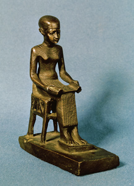 Seated statue of Imhotep (fl.c.2980 BC) holding an open papyrus scroll, Late Period od Egyptian