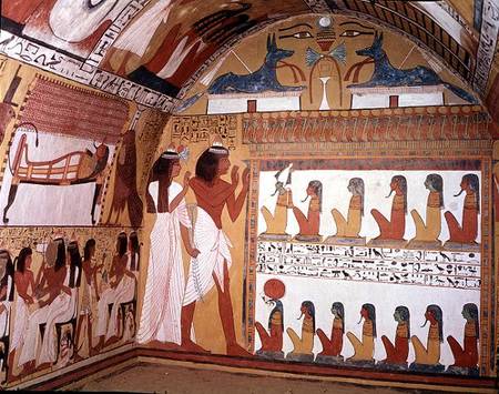 Sennedjem and his wife facing a naos containing twelve divinities, from the west wall of the Tomb of od Egyptian