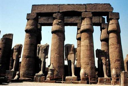 Statues of Ramesses II (1298-32 BC) and papyrus-bud columns in the Peristyle Court, New Kingdom od Egyptian