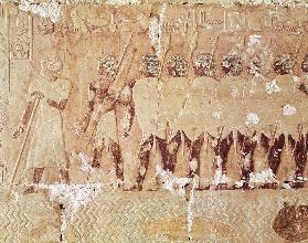 Relief depicting soldiers sent by Queen Hatshepsut on an expedition to the Land of Punt to bring bac