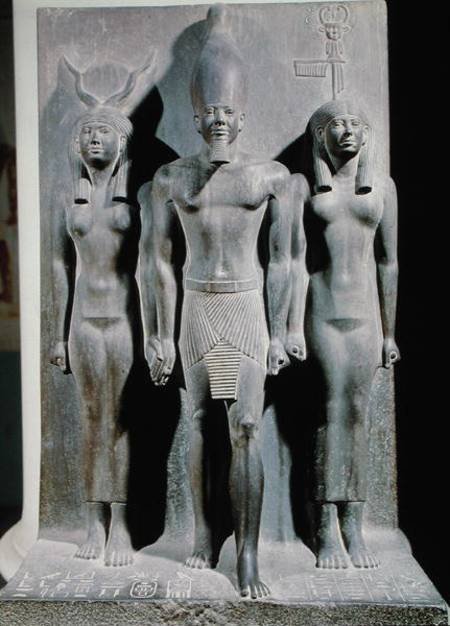 Triad of Menkaure (Mycerinus) with the goddess Hathor and the goddess of the Aphroditopolis nome, ta od Egyptian