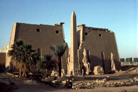 View of the North East facade of the Temple with the pylon and obelisk, New Kingdom od Egyptian