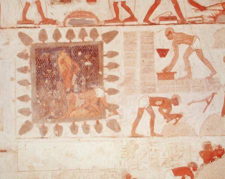 Wall painting depicting two men collecting water from a square lake surrounded by trees and slaves m od Egyptian