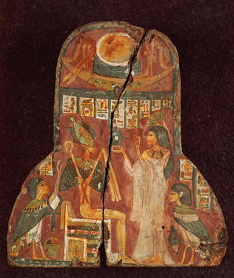 Lid of the coffin of the singer, Toarnemiherti, showing the deceased offering incense to Osiris enth od Egyptian 21st Dynasty