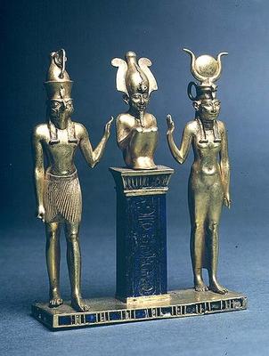 Triad of Osorkon II: Osiris flanked by Isis and Horus, Third Intermediate Period, c.874-850 BC (gold od Egyptian 22nd Dynasty