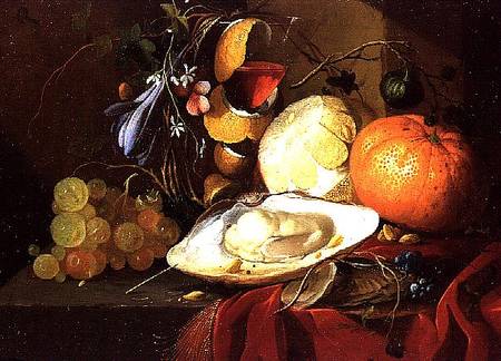 An oyster, a glass of wine and fruit on a table covered with a red velvet drape od Elias van den Broeck