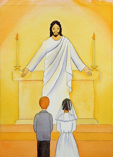 At their First Holy Communion children meet Jesus in the Holy Eucharist, 2006 (w/c on paper)  od Elizabeth  Wang