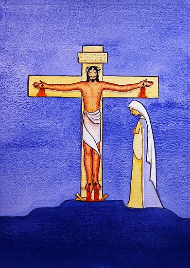 Mary stands by the Cross as Jesus offers His life in Sacrifice, 2005 (w/c on paper)  od Elizabeth  Wang