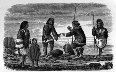Tuski and Mahlemuts Trading for Oil, from 'Alaska and its Resources', by William H. Dall, engraved b od Elliot
