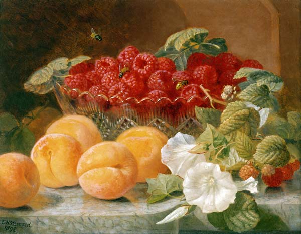 Bowl of raspberries and peaches od Eloise Harriet Stannard