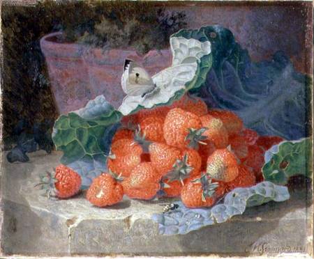 Strawberries in a Cabbage Leaf with a Flower Pot Behind od Eloise Harriet Stannard